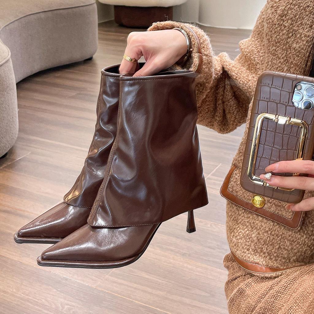 Stylish! Pointed high-heeled trouser boots soft leather thin-heeled thin boots