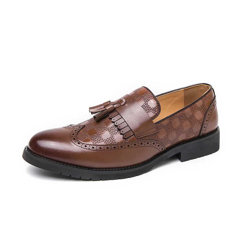 Men s Large Size Pointed Toe Leather Slip-on Tassel Brogue Shoes 40 коричневый