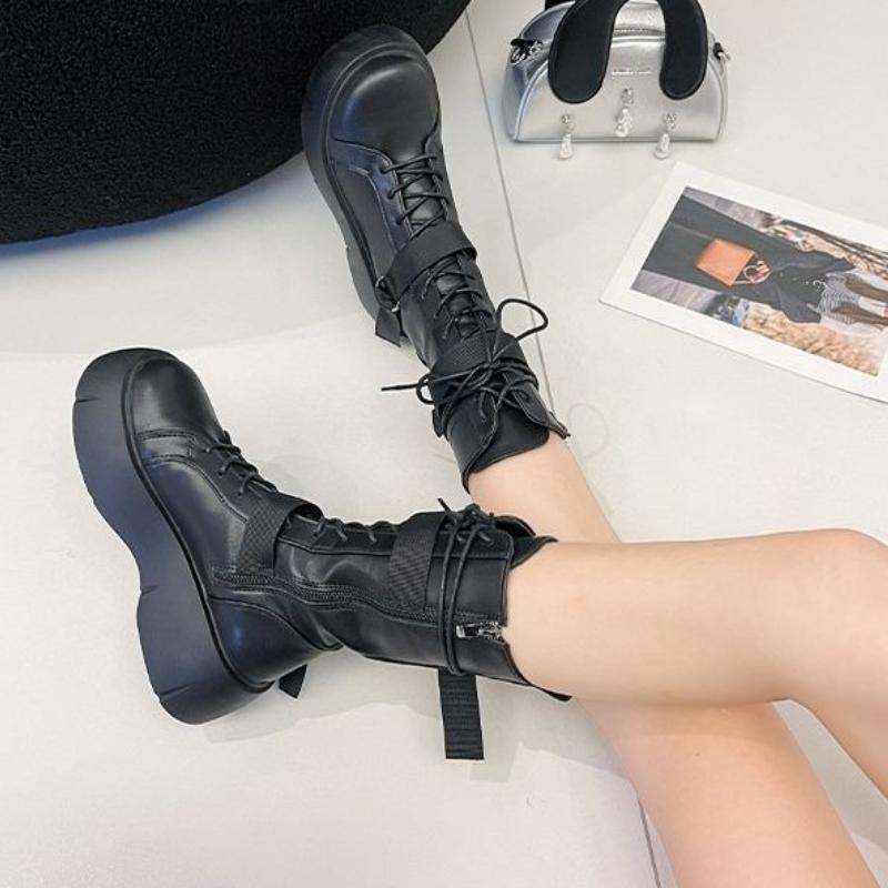 Fashion Height Increase Lace-up Women's Half High Boots Cosplay Fashion 2025 Trend Footwear Demi-season New Gothic Ladies Mid Calf Shoes