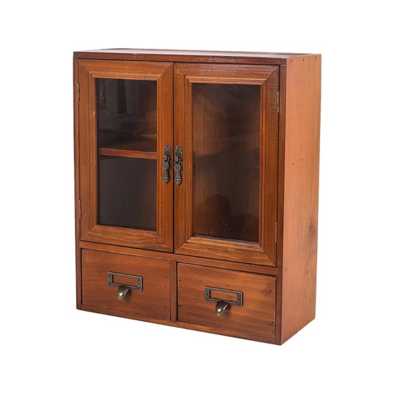 Wooden Desktop Organizers Cabinet with Glass Door for Cosmetics, Stationery, Small Kitchen Items and Decors Use