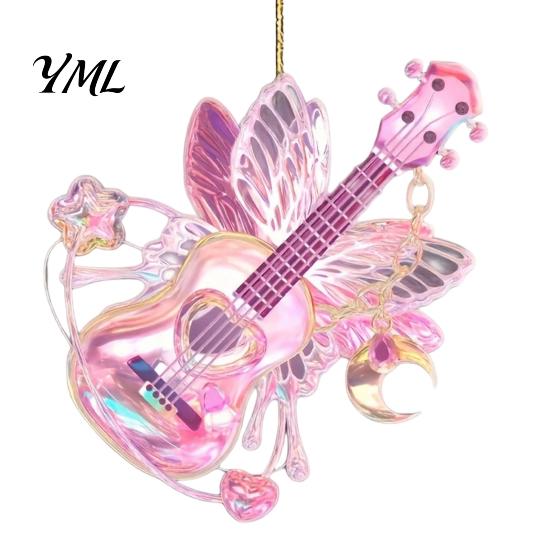Music Themed Christmas Decorations Pink Guitar Butterfly Ornament, Acrylic Hanging Decor with Rose Festival Decorative Ornaments And Quote,