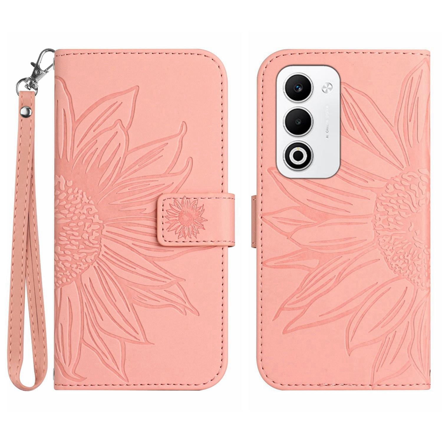 

For Oppo A5 5G Case Sunflower Imprint Leather Wallet Phone Cover with Wrist Strap Pink
