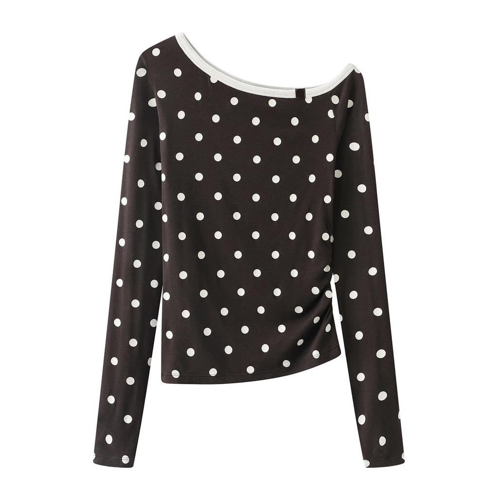 Spring 2026 Retro Polka Dot Off-the-Shoulder Long Sleeve Designer Top