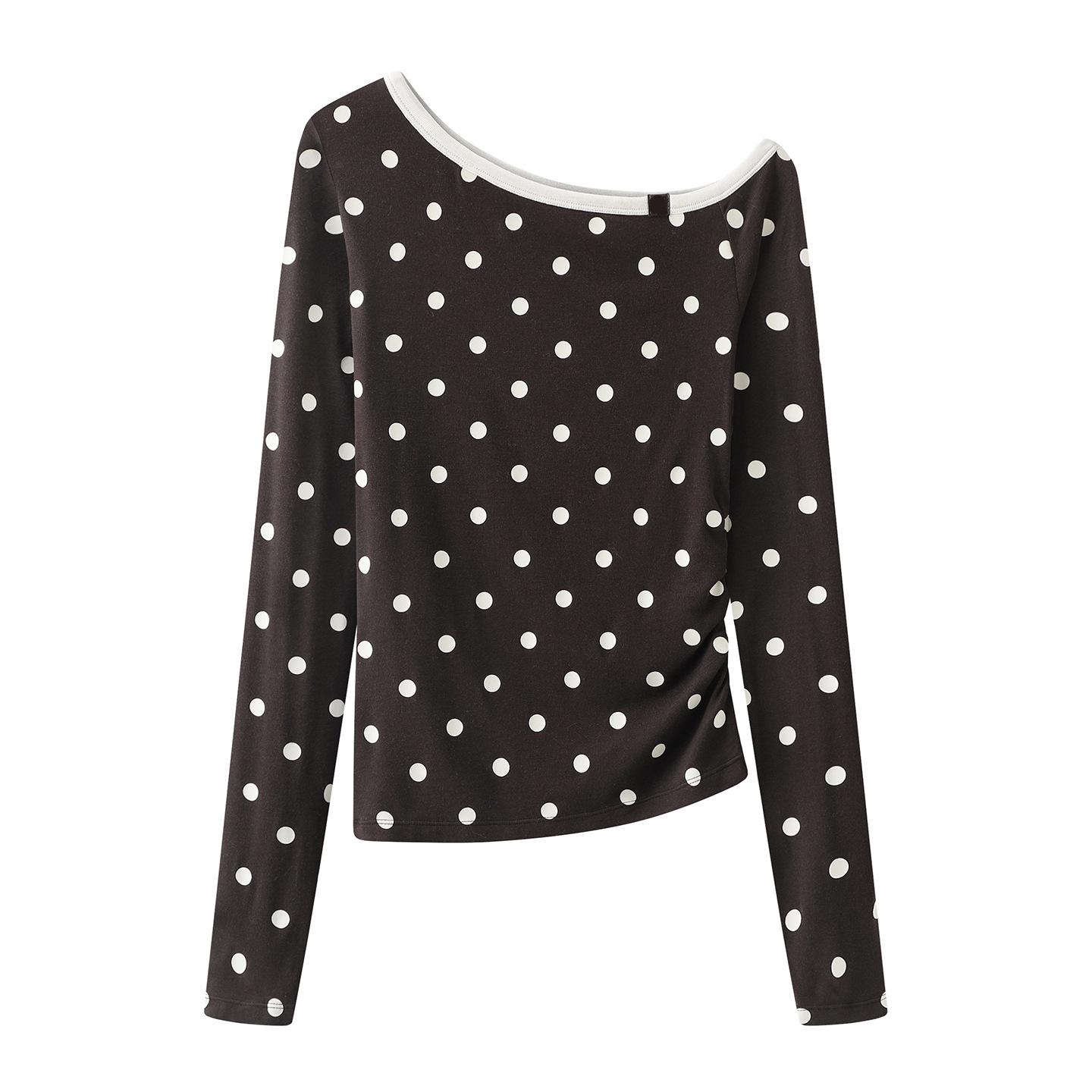 Spring 2026 Retro Polka Dot Off-the-Shoulder Long Sleeve Designer Top Small