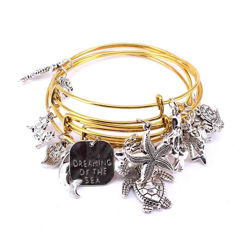 

5pcs Bangle Set Wire Bracelets for Women Girls Jewllery Mixed Marine Life Starfish Dolphin Turtle Charm Bracelets C039