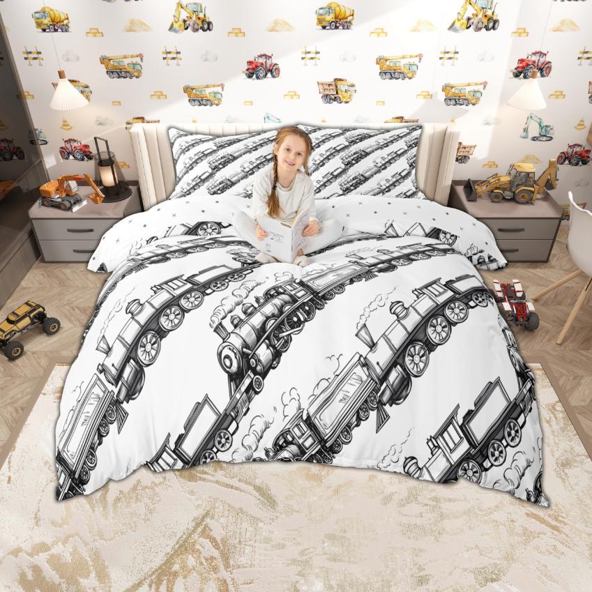 Homewish Zestaw poszewki na kołdrę dla dzieci z kreskówkowym samochodem 2 szt./3 szt., Urocza pościel z motywem pociągu, ciężarówki, traktora, Pościel z motywem transportu