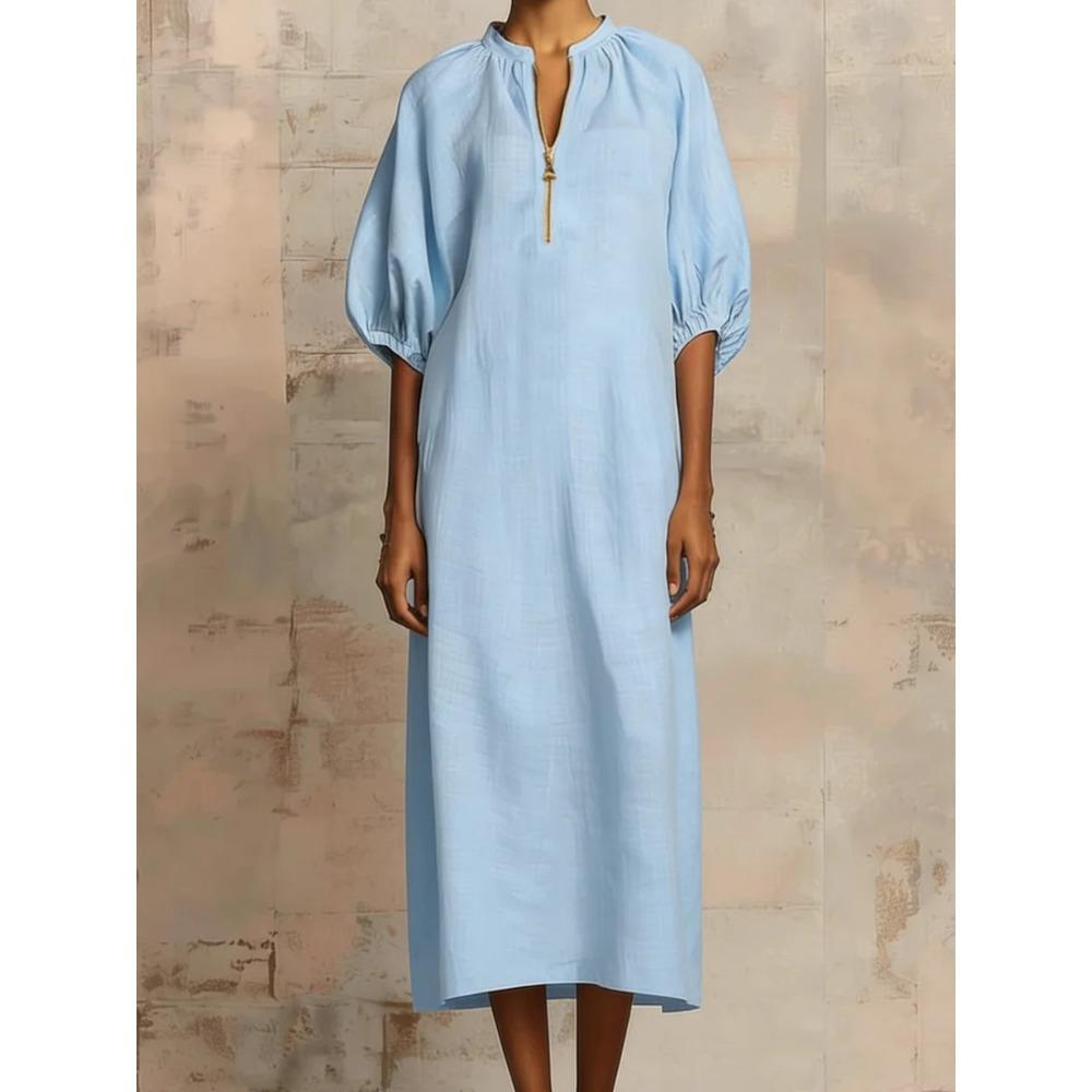 Women s Casual Cotton Linen Puff Sleeve Maxi Dress with Zipper S небесно-голубой