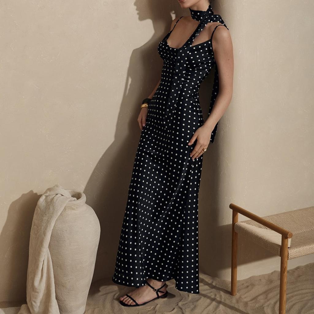 Summer New Polka Dot Halter Neck Tie Split Maxi Dress, Elegant Suspender Fishtail Long Dress for Women European American Style