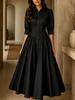 Women Lapel Collar Button Down Midi Dress Puff Sleeve Casual Loose Fit Vintage Elegant Long Dress