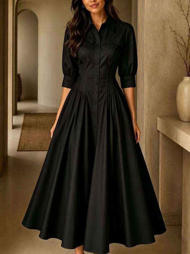 Women Lapel Collar Button Down Midi Dress Puff Sleeve Casual Loose Fit Vintage Elegant Long Dress
