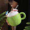 Kubek do kawy Ceramiczny Kształt Kokosa Kubek do kawy z Uchwytem Pokrywką Mini Parasolka Słomka Odporny na Wysoką Temperaturę Letnia Naczynia do Napojów