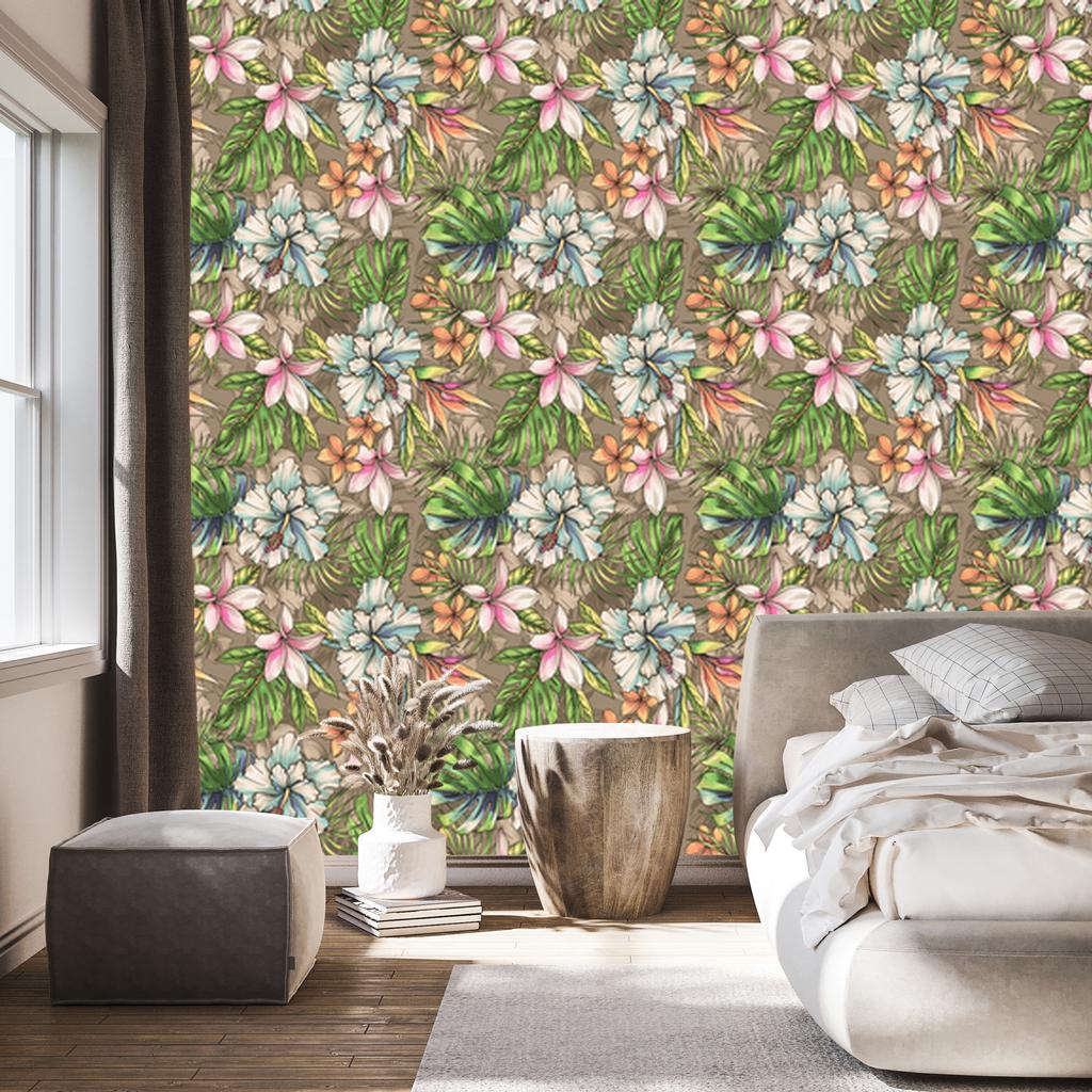 Paradise flowers and palm and monstera leaves wallpaper 50x1000
