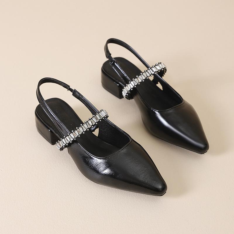 Pointed Thick Heel Fashion Single Shoes Women's Bag Head Sandals 2025 New Rear Air Shallow Mouth Middle Heel Mary Jane Shoes Women's Shoes