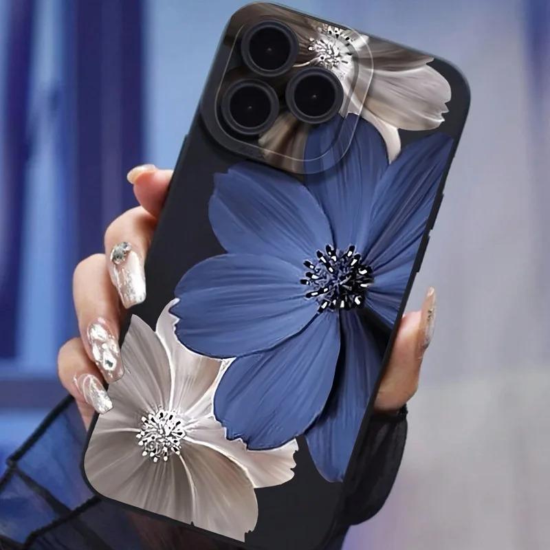 Blue Silver Floral Oil Painting Elegant Style Phone Case for iPhone 17 16 15 14 13 12 11 Series Pro Max Plus