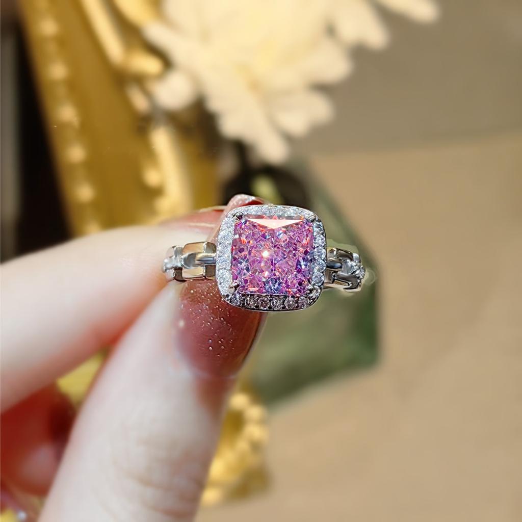 High Carbon Diamond Ice Flower Cut Square Pink Diamond Ring Women'S High Sense Temperament Princess Square Bag Powder Stone Jewelry