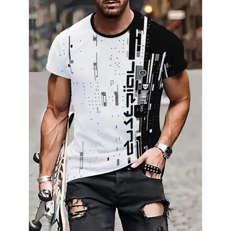 Summer Round Neck 3D Color block Print Top Fashionable Casual Short Sleeved Men's T-shirts