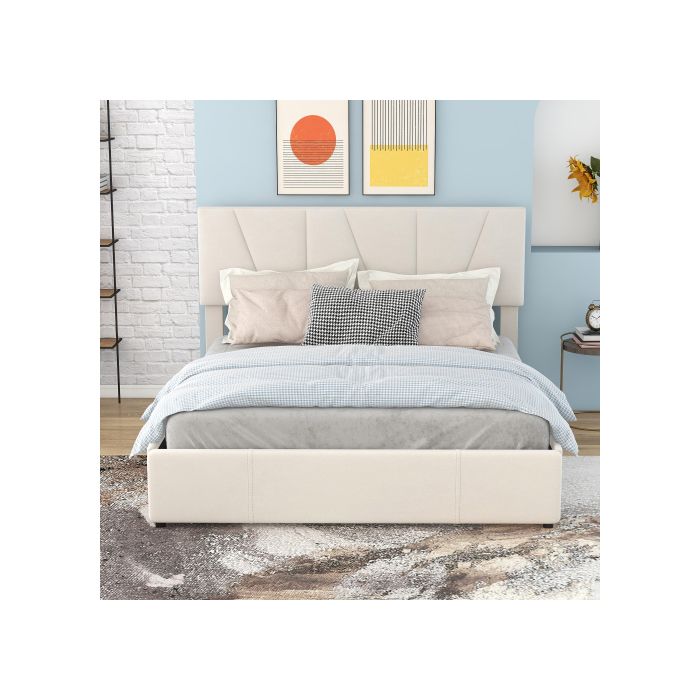 Lit plate-forme - MUVOE - 140x200cm - Beige - Tête de lit réglable - 4 tiroirs de rangement