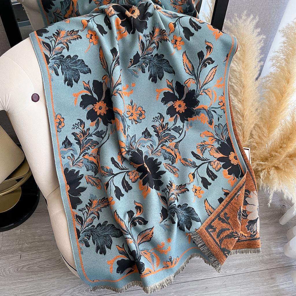 Ethnic Style Flower Imitation Cashmere Scarf Women'S Winter Thickened Double-Sided Air Conditioner Shawl Scarf