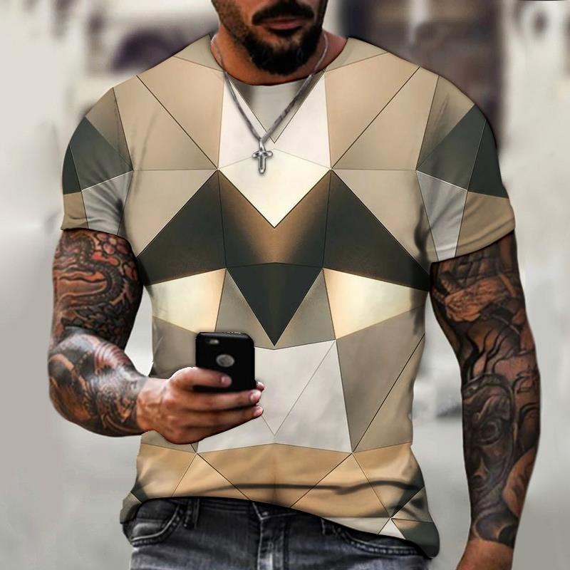 New 3D Splicing Men's Summer Short Sleeved Round Neck Pullover Plus Size Top Casual and Personalized Holiday Polyester T-shirt