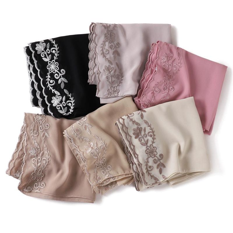 Fashion Embroider Lace Floral Bubble Chiffon Hijab Ramadan Solid Shawl Women Sunscreen Headscarf Outdoor Windproof Head Wrap