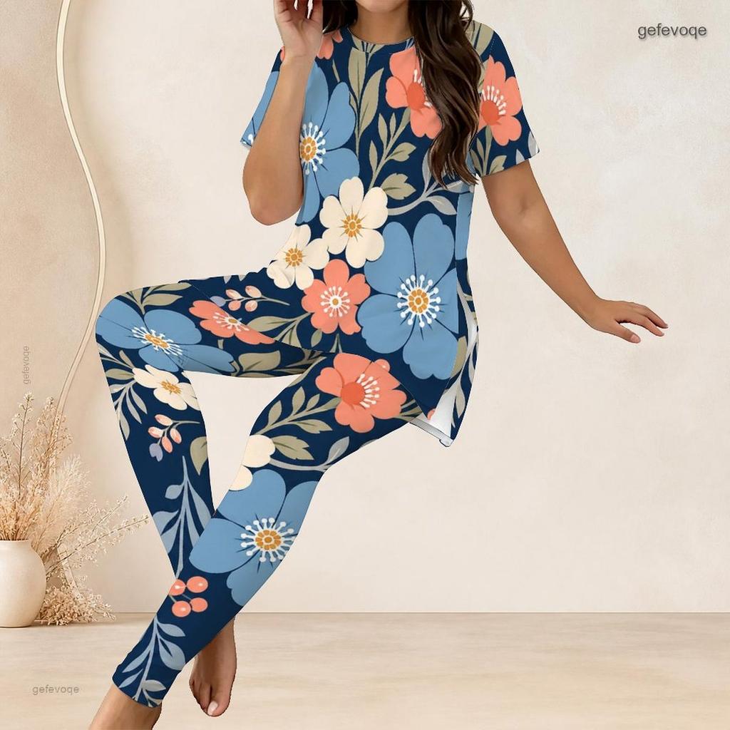 Women Plus Size Two Piece Set Round Neck Short Sleeve Floral Printed Long Top And Fitted Pants