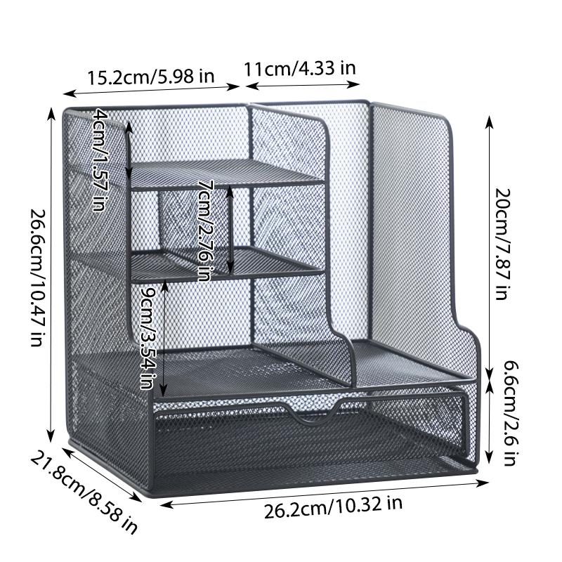Mesh Desk Organizer With Drawer,Multi-Compartment Desktop File Organizer,Metal Mesh Desk Storage Shelf For Office Supplies чёрный