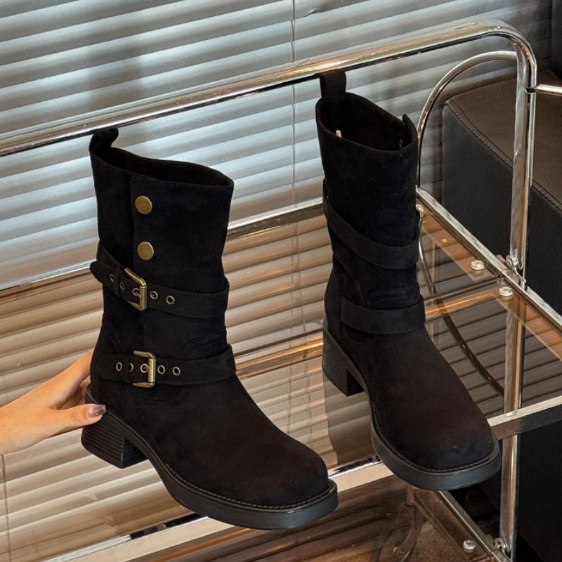 Autumn Winter Belt Buckle Women Ankle Boots Fashion Slip On Thick Heel Shoes Female Vintage Short Booties  De Muje