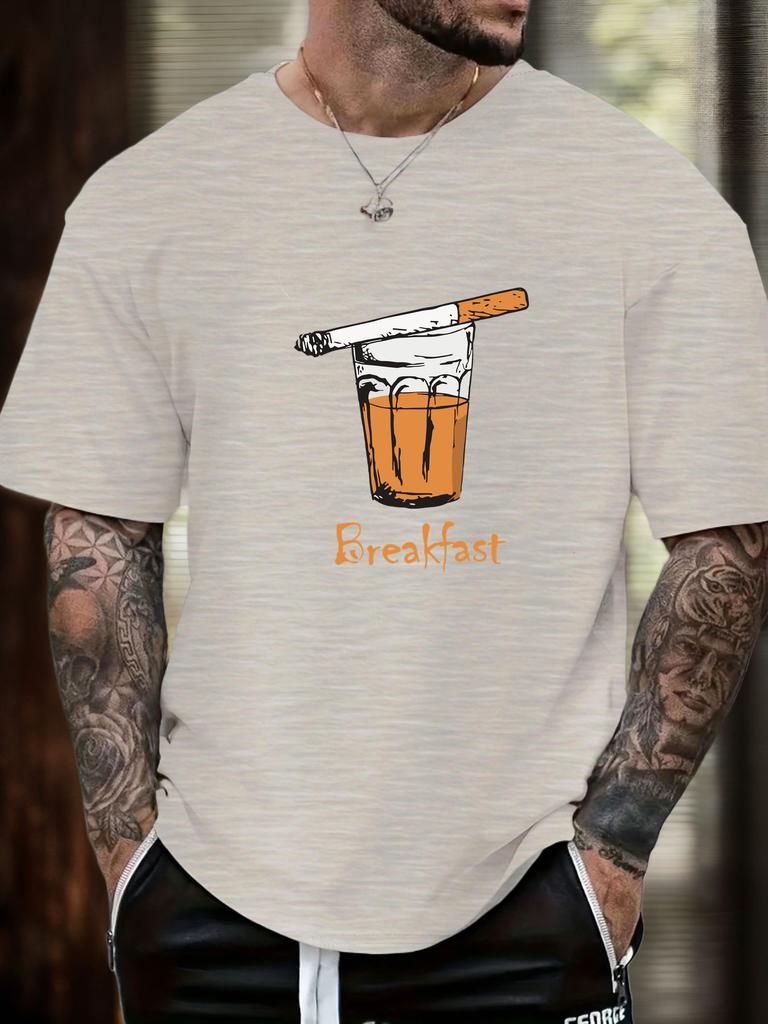 Mens Casual Tshirt Breakfast Cigarette Drink Print Short Sleeve Round Neck Breathable Oversized Edgy Daily Tee