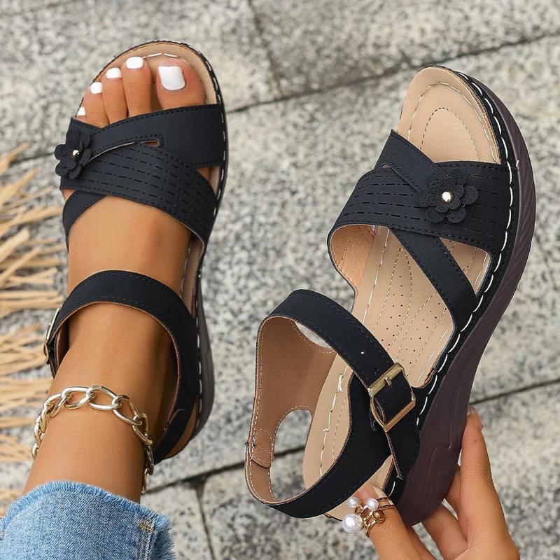 

Модная обувь для женщин 2024 года, горячая распродажа, женские сандалии с ремешком на щиколотке, летние римские сандалии с открытым носком и пряжкой, повседневные пляжные сандалии большого размера 43 чёрный