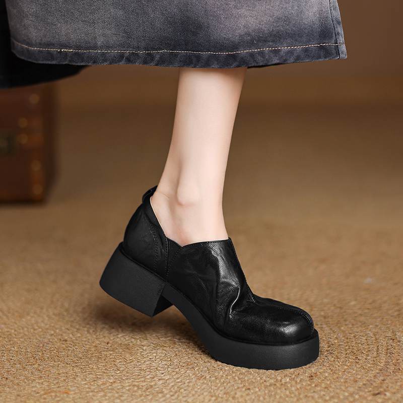 Krazing Pot Sheep Skin Autumn Winter Shoes Chunky Heels Size 43 Size 42 Round Toe Slip On Deep Mouth Pumps