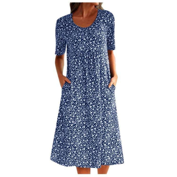 Women Summer Floral Print Boho Dress Tanya Round Neck Short Sleeve with Pocket