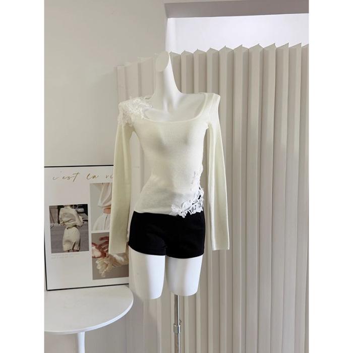 White Lace Trim Square Neck Slim Fit Top for Women - Autumn/Winter Korean Style Large белый