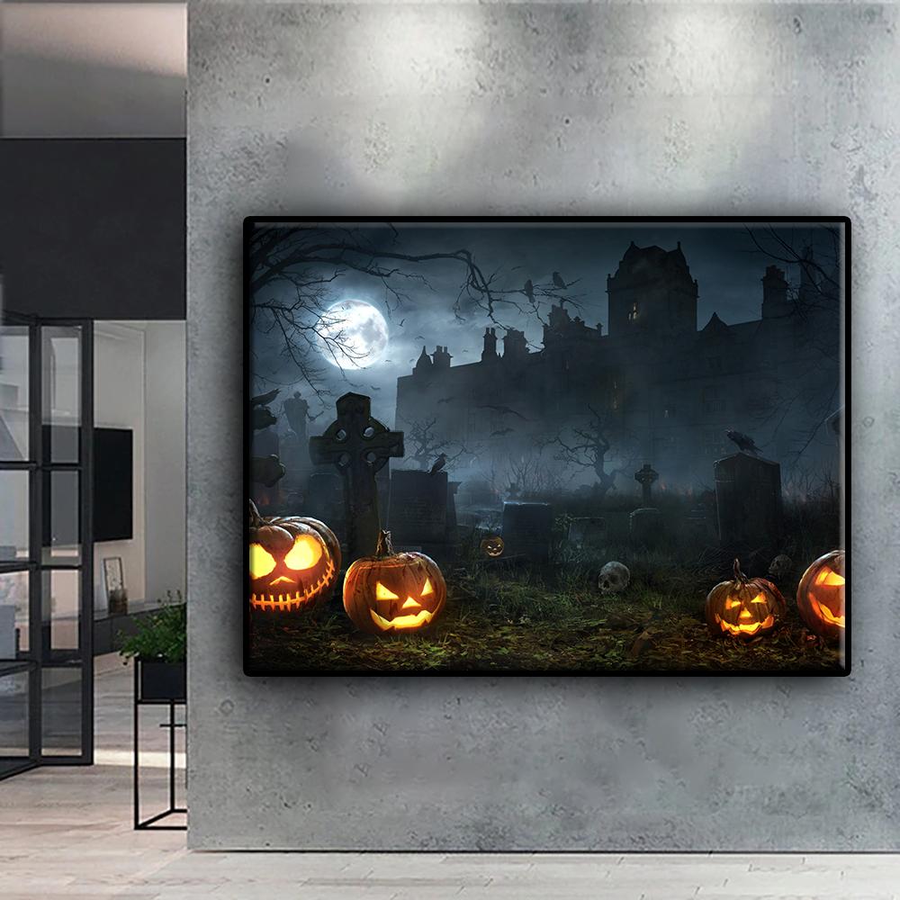 Fullstendig 5D-diamantmaleri Halloween-gresskar og hekseslott 5D-diamantmaleri