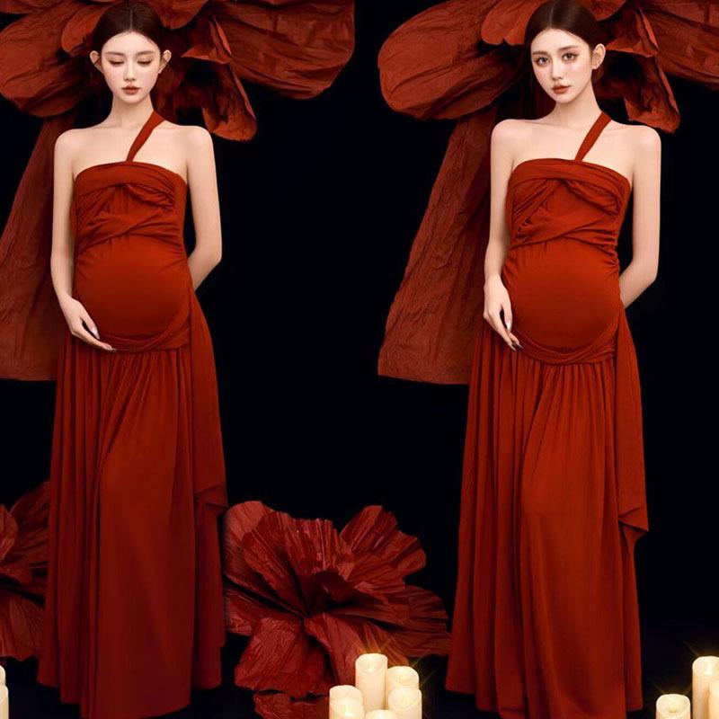 Red Retro Chinese Style Maternity Dress for Artistic Photoshoots One Size