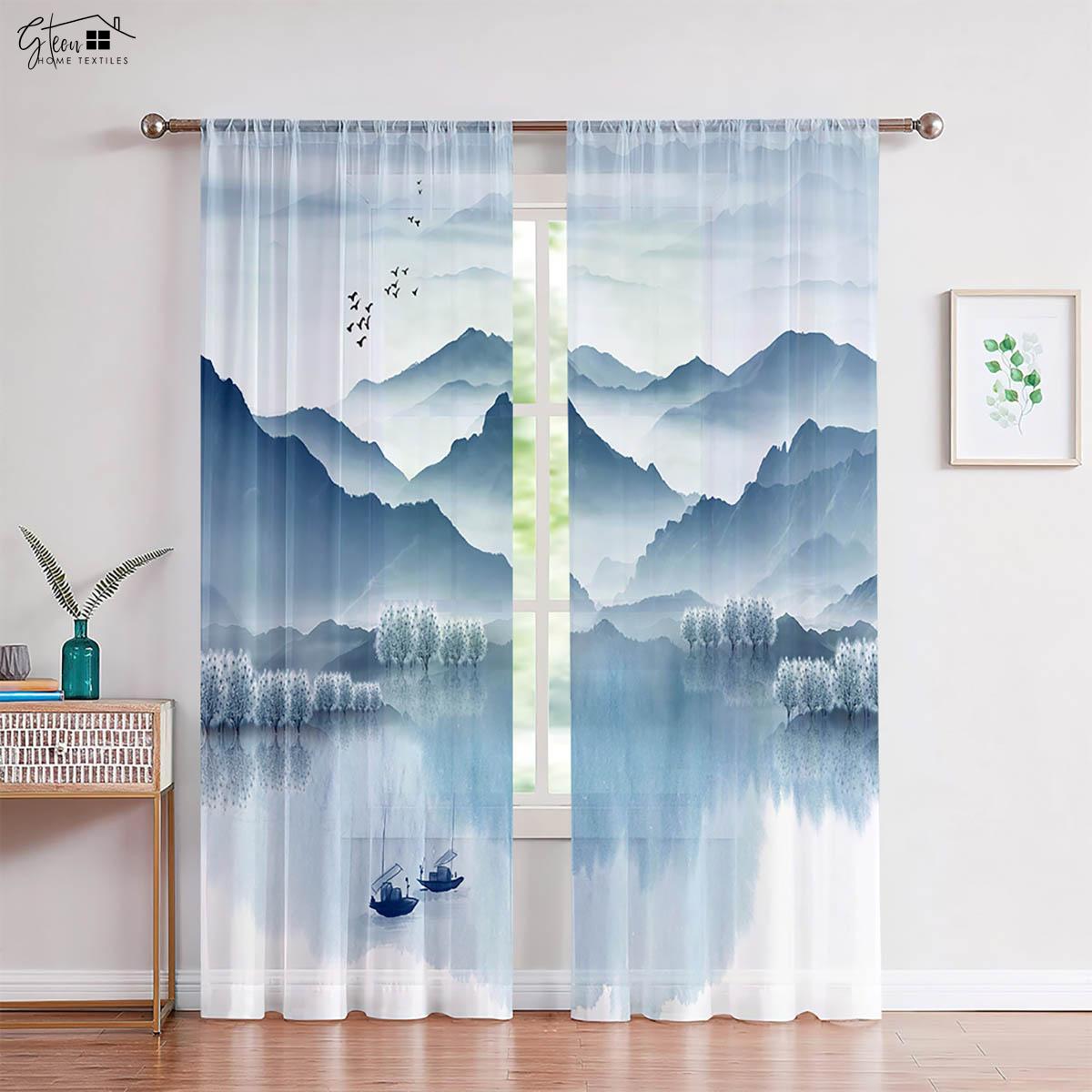 

Китайская живопись тушью 3D-печатные шторы Пейзаж Пейзажная живопись Китайский стиль Древний стиль Кабинет Чайная комната Шторы 2 шт. W50xH130(CM)x2PCS&Grommet Top