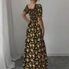 Ruffle Edge Dress Women Puff Sleeves Printed Slim Fit Spring Summer Size S-XXL