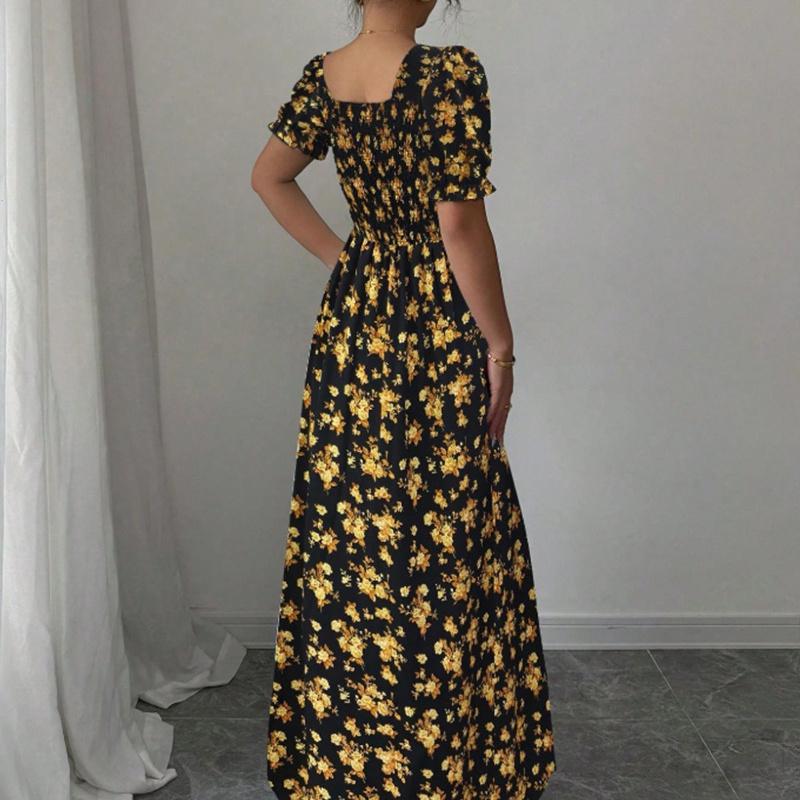 Ruffle Edge Dress Women Puff Sleeves Printed Slim Fit Spring Summer Size S-XXL