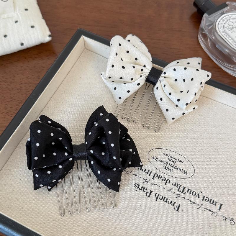 Polka Dot Bow Reverse Hair Comb Elegant For Women Side Bang Broken Hair Non Slip Portable Daily Essential Accessories