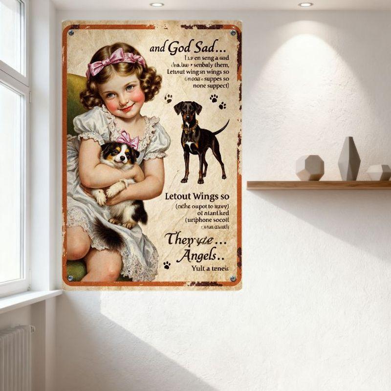 Vintage Girl Dog Metal Sign, Distressed Retro Metal Plaque with Girl & Two Dogs, Angel Theme, Light Green Background, Wall Decor