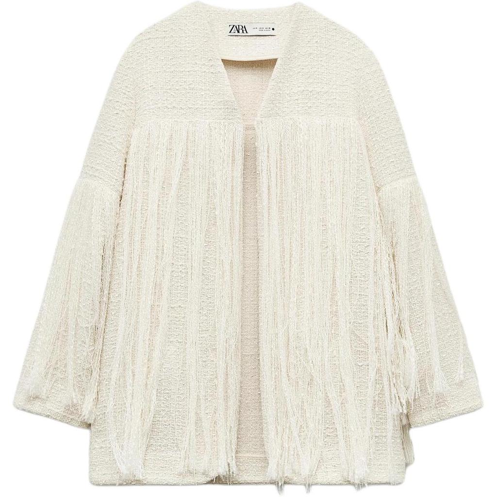Zara Textured Fringe V-Neck Long Sleeve Jacket Women Jackets Beige 4786303-712