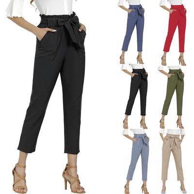 Women's Casual Solid Color Paperbag Waist Pants with Bow Tie and Side Pockets Slim Fit Tapered Leg Ankle Length