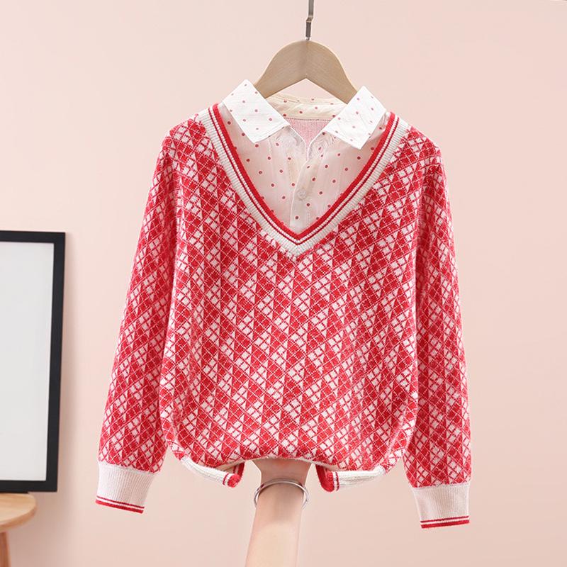 Dívčí mikina se vzhledem dvoudílného kompletu – Módní top s límečkem košile a dlouhým rukávem na jaro/podzim pro velké děti.