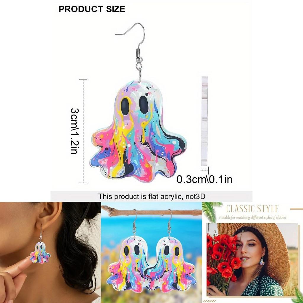 Adorable Colorful Ghost Earrings Made Of Acrylic Fun Cartoon Style Halloween Accessories