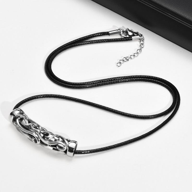 Mens Geometric Titanium Steel Pendant Necklace With Leather Cord Chain Fashionable Minimalist Accessory Casual Office Wear