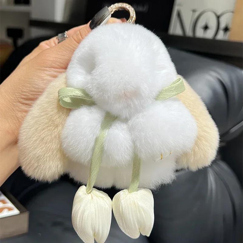 Cute Real Rex Rabbit Fur Keychain Mini Bunny Pendant Women Bag Charm Car Key Ring Ornaments Girl Plush Toy Trinkets Classic Gift