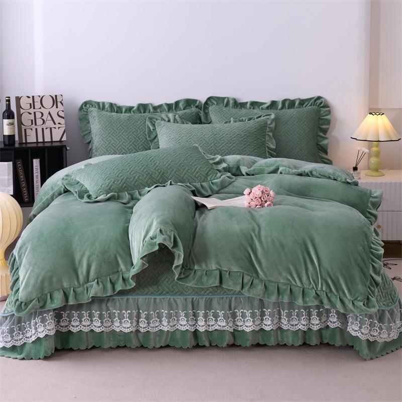 5.5Kg Solid Color Super Soft Thickened Milk Lace Bed Cover Four-Piece 1.8M Bed Cover