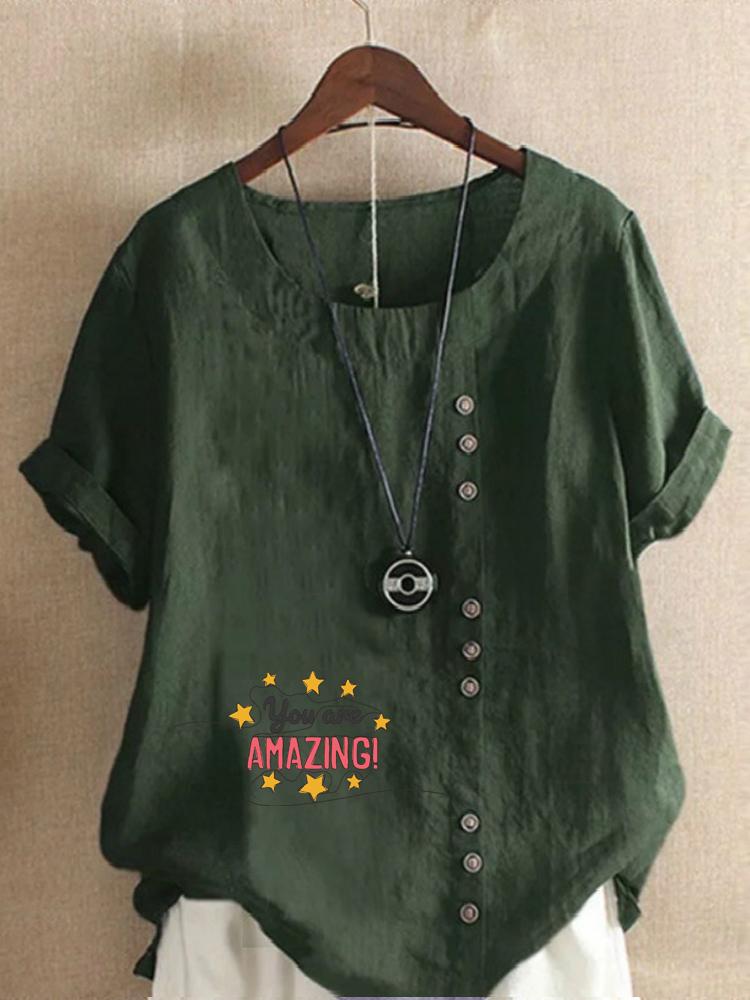 Women's Fashion Letter Print Round Neck Short Sleeve T-shirt Casual Cotton Linen Graphic Shirt Leisure Loose Summer Blouse Tops