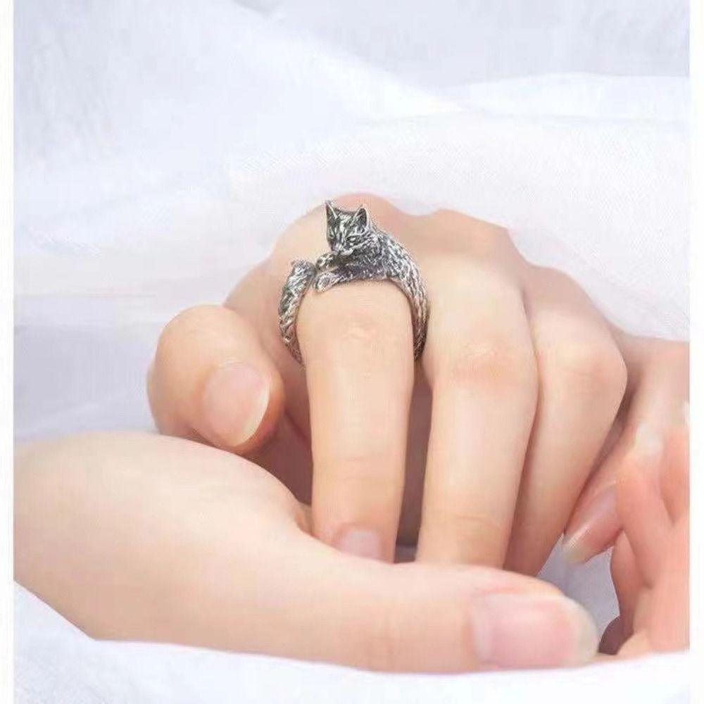 Vintage Animal Delicate Rings Dark Zinc Zinc Alloy Cat Shape Ring Kitty Cat Opening Rings  Gift For Girl