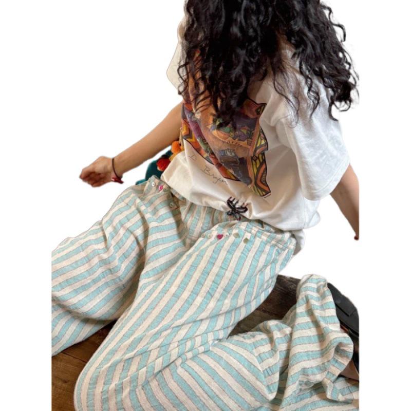 Damen Mintgrüne Gestreifte Baumwolle Leinen Weitbein Hose - Neu Lässig Locker