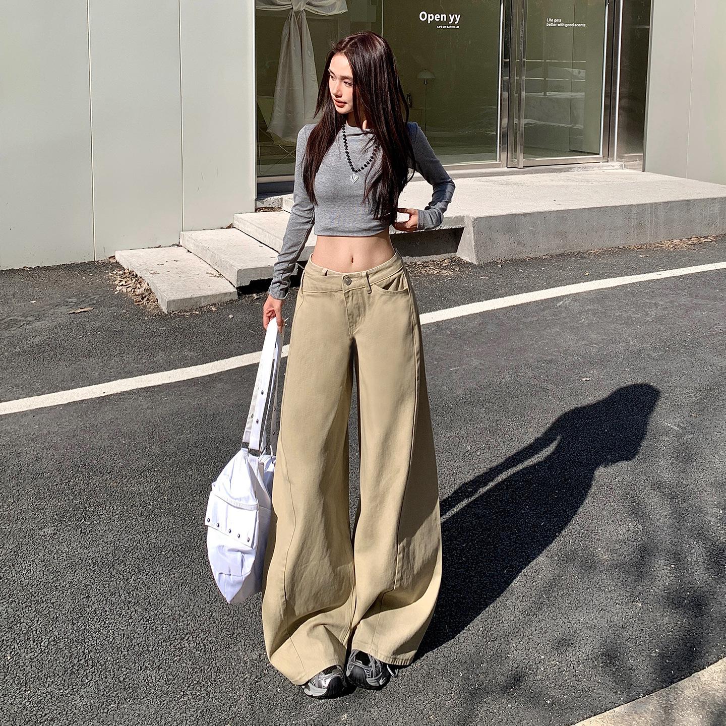 Women s Spring Loose Wide-Leg Jeans with American Diagonal Waist Style Medium